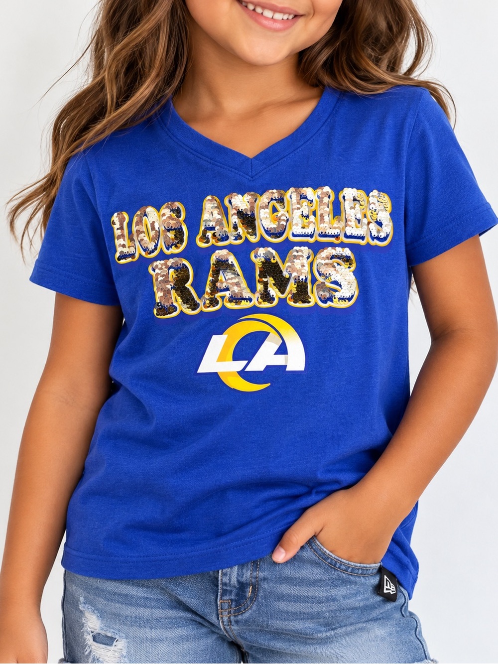 Girls New Era Los Angeles Rams Reverse Sequin V-Neck Tee – Size 7/8